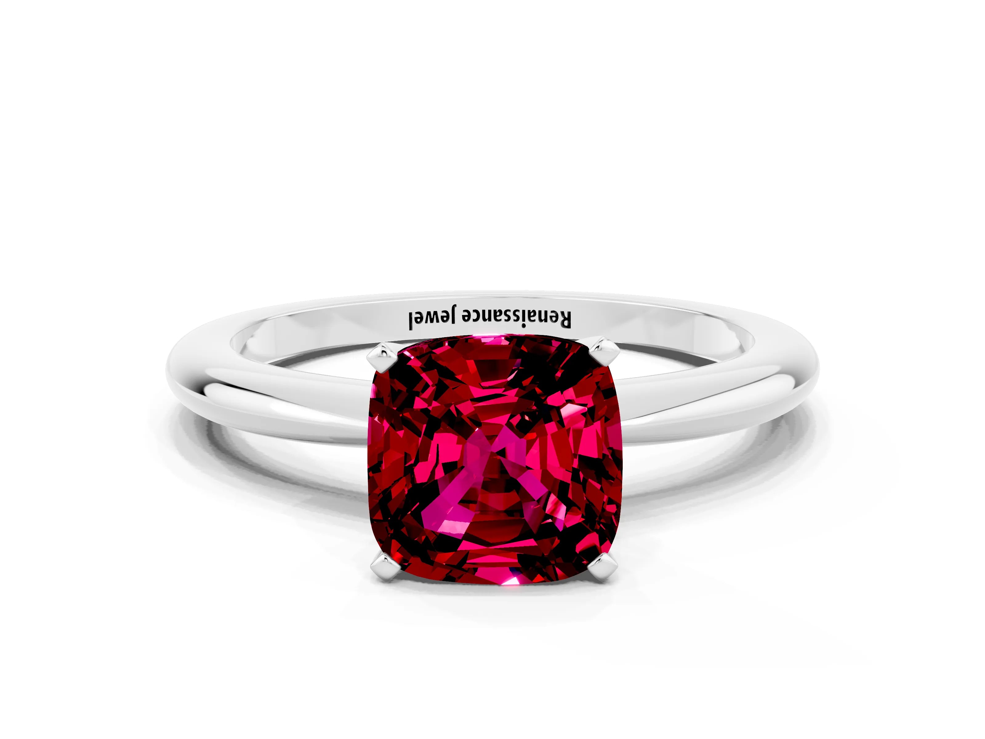 White gold Cushion Cut Garnet Solitaire Ring with Six-Prong Setting and Classic Band_12