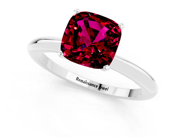 Silver Cushion Cut Garnet Solitaire Ring with Six-Prong Setting and Classic Band