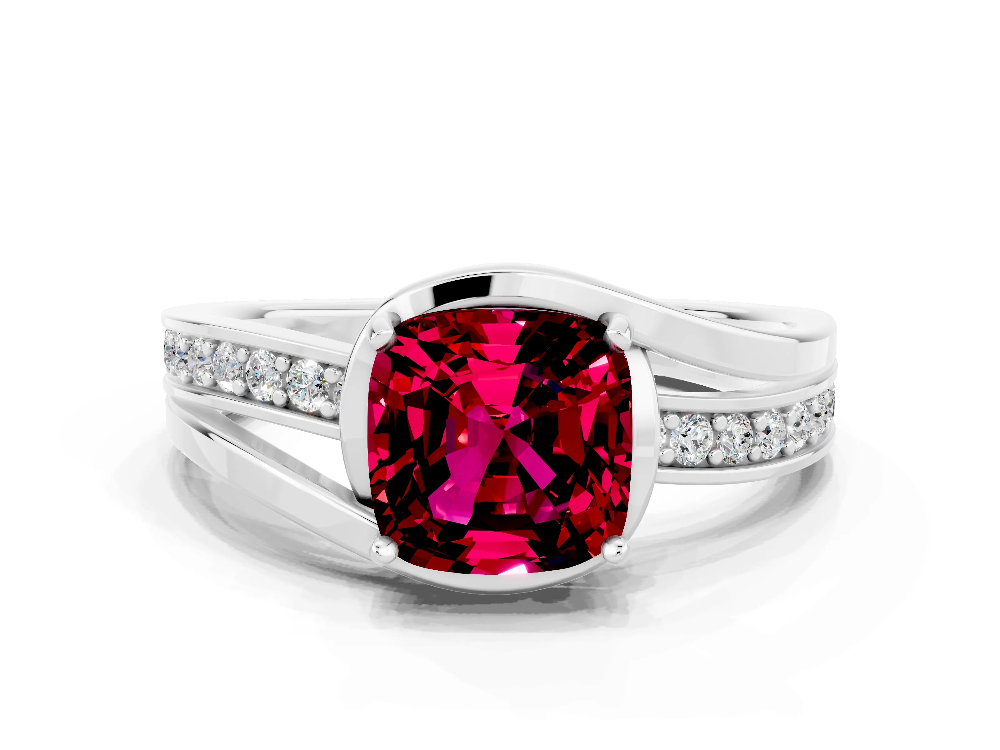 White gold Cushion Cut Garnet Solitaire Ring with Split Shank and Prong Setting