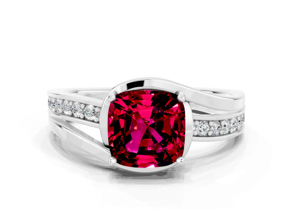 Platinum Cushion Cut Garnet Solitaire Ring with Split Shank and Prong Setting