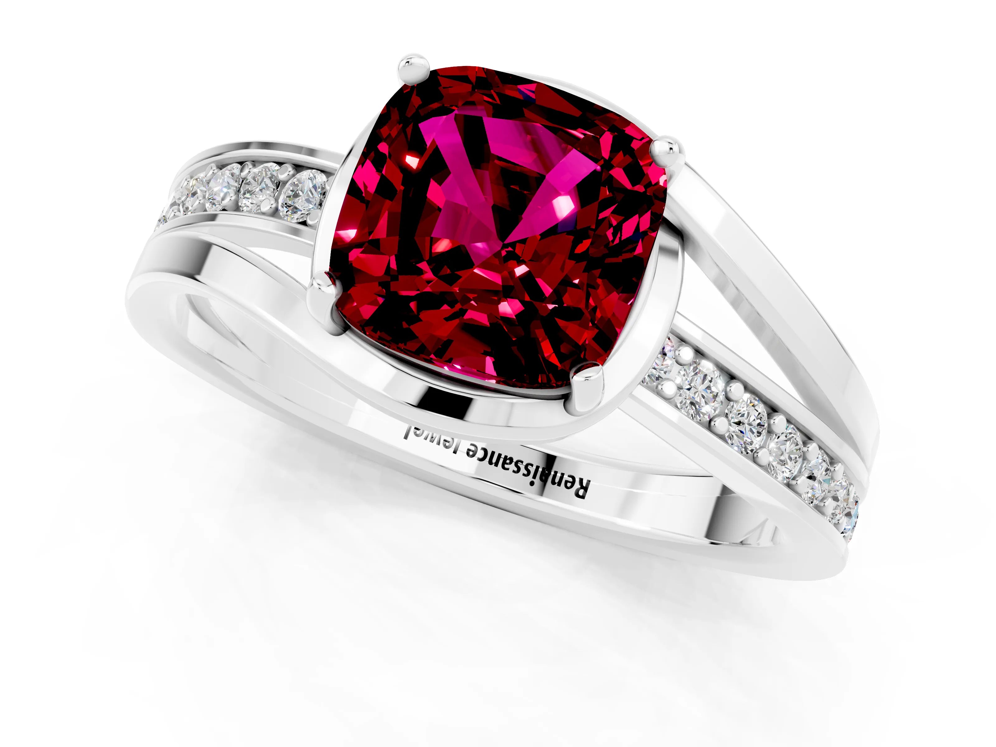 White gold Cushion Cut Garnet Solitaire Ring with Split Shank and Prong Setting_1