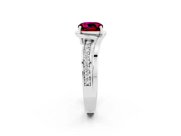 White gold Cushion Cut Garnet Solitaire Ring with Split Shank and Prong Setting