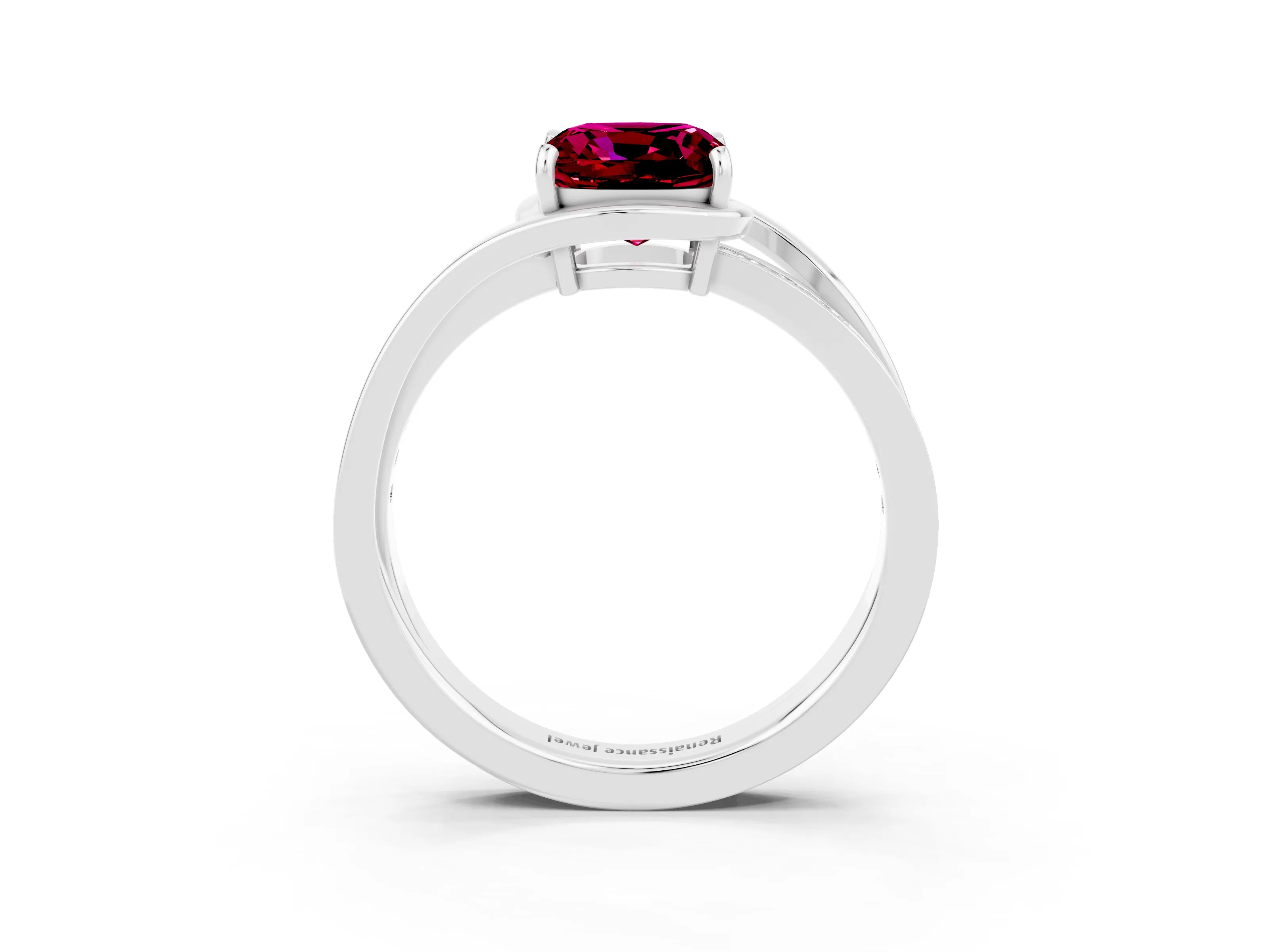 White gold Cushion Cut Garnet Solitaire Ring with Split Shank and Prong Setting_3