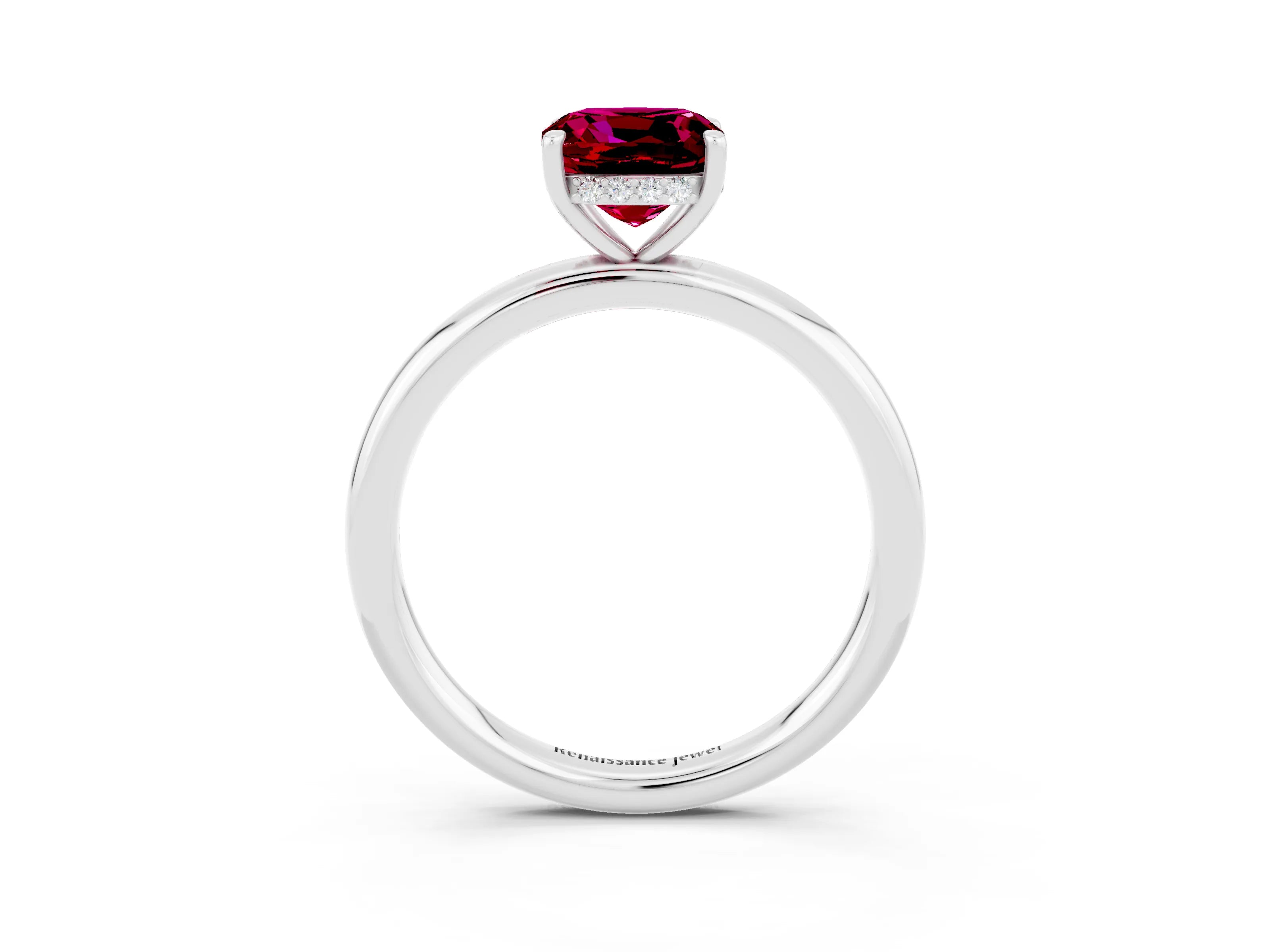 White gold Cushion Cut Garnet Solitaire Ring with Thin Band and Four-Prong Setting_3