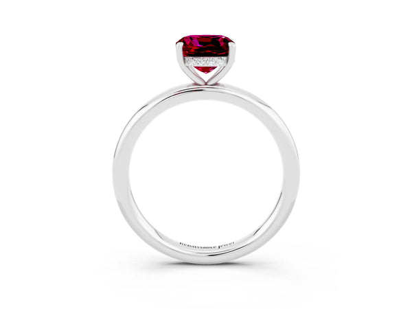 White gold Cushion Cut Garnet Solitaire Ring with Thin Band and Four-Prong Setting