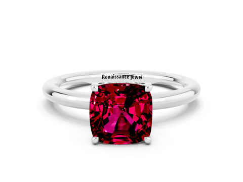 White gold Cushion Cut Garnet Solitaire Ring with Thin Band and Four-Prong Setting