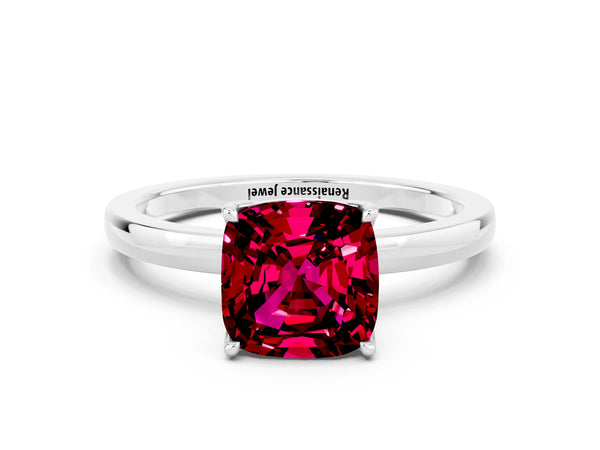 White gold Cushion Cut Garnet Solitaire Ring with Thin Band and Prong Setting