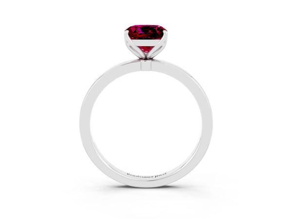 Platinum Cushion Cut Garnet Solitaire Ring with Thin Band and Prong Setting
