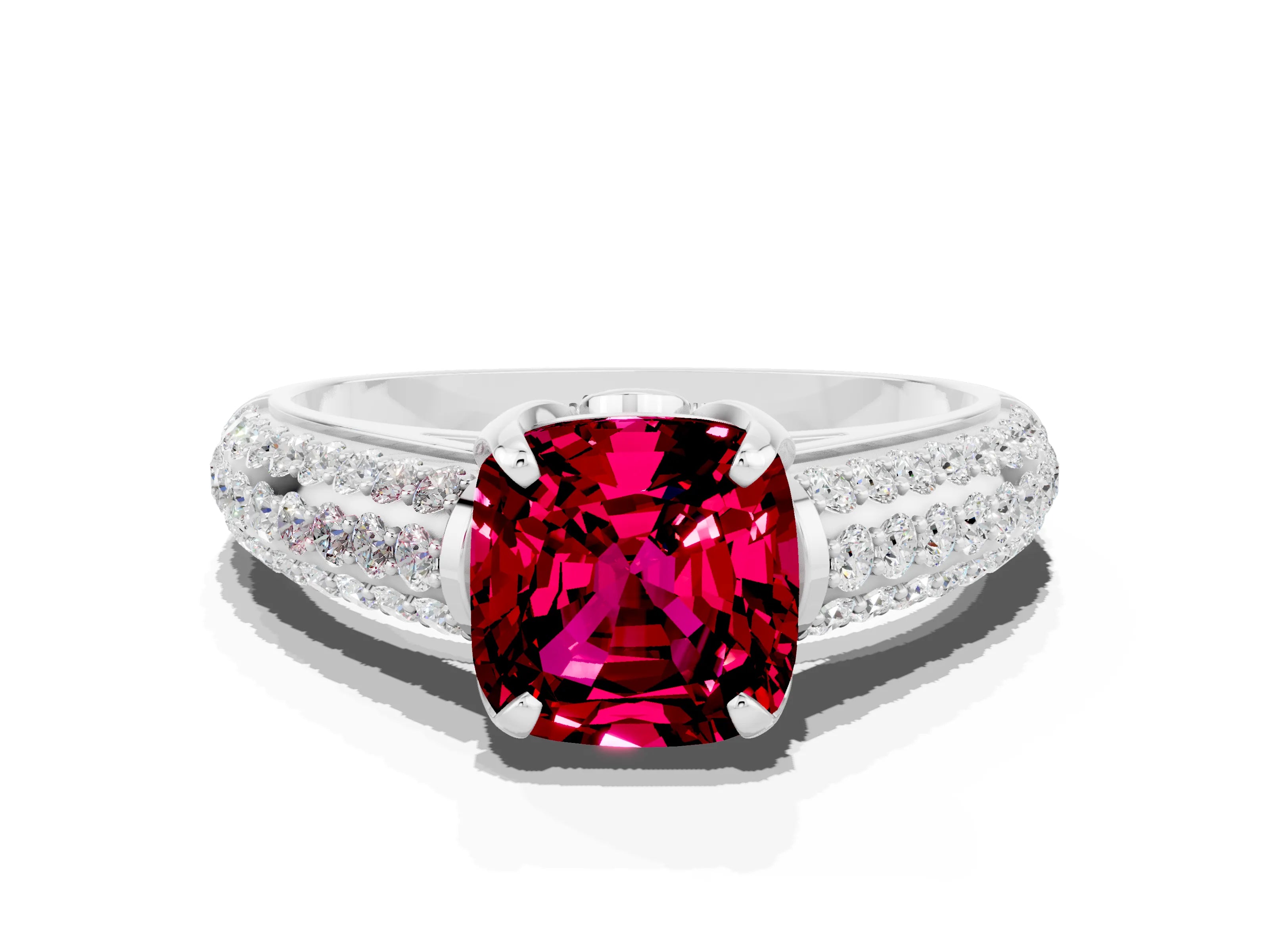 White gold Cushion Cut Garnet Solitaire Ring with Three-Row Pavé Band and Four-Prong Setting_12