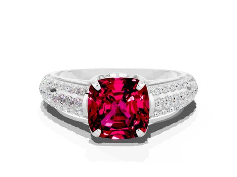 White gold Cushion Cut Garnet Solitaire Ring with Three-Row Pavé Band and Four-Prong Setting_12