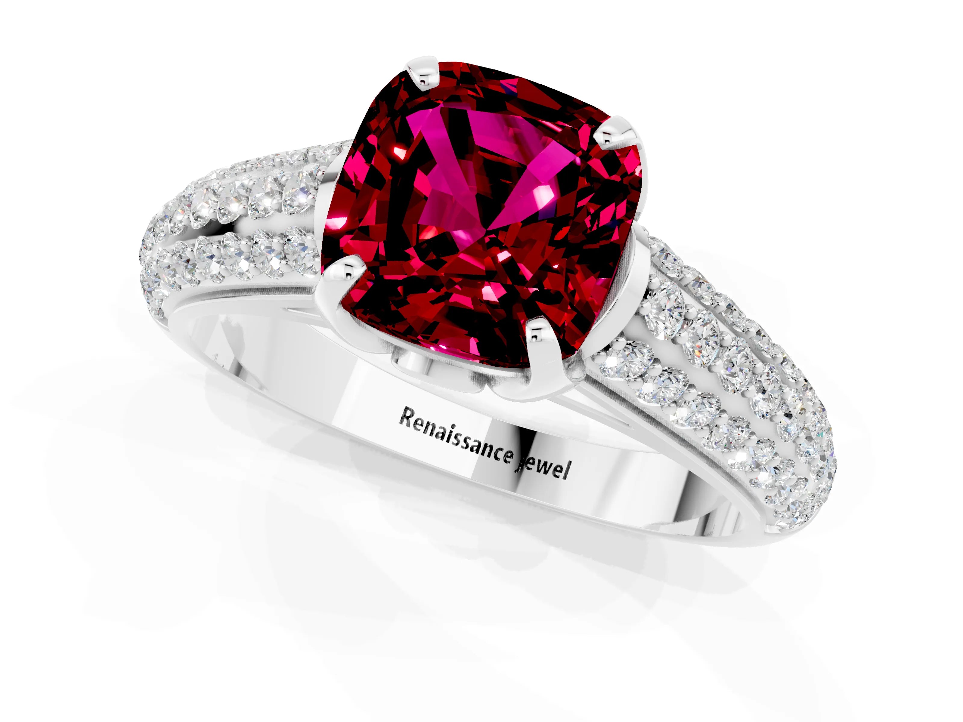 White gold Cushion Cut Garnet Solitaire Ring with Three-Row Pavé Band and Four-Prong Setting_13