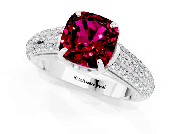 Silver Cushion Cut Garnet Solitaire Ring with Three-Row Pavé Band and Four-Prong Setting
