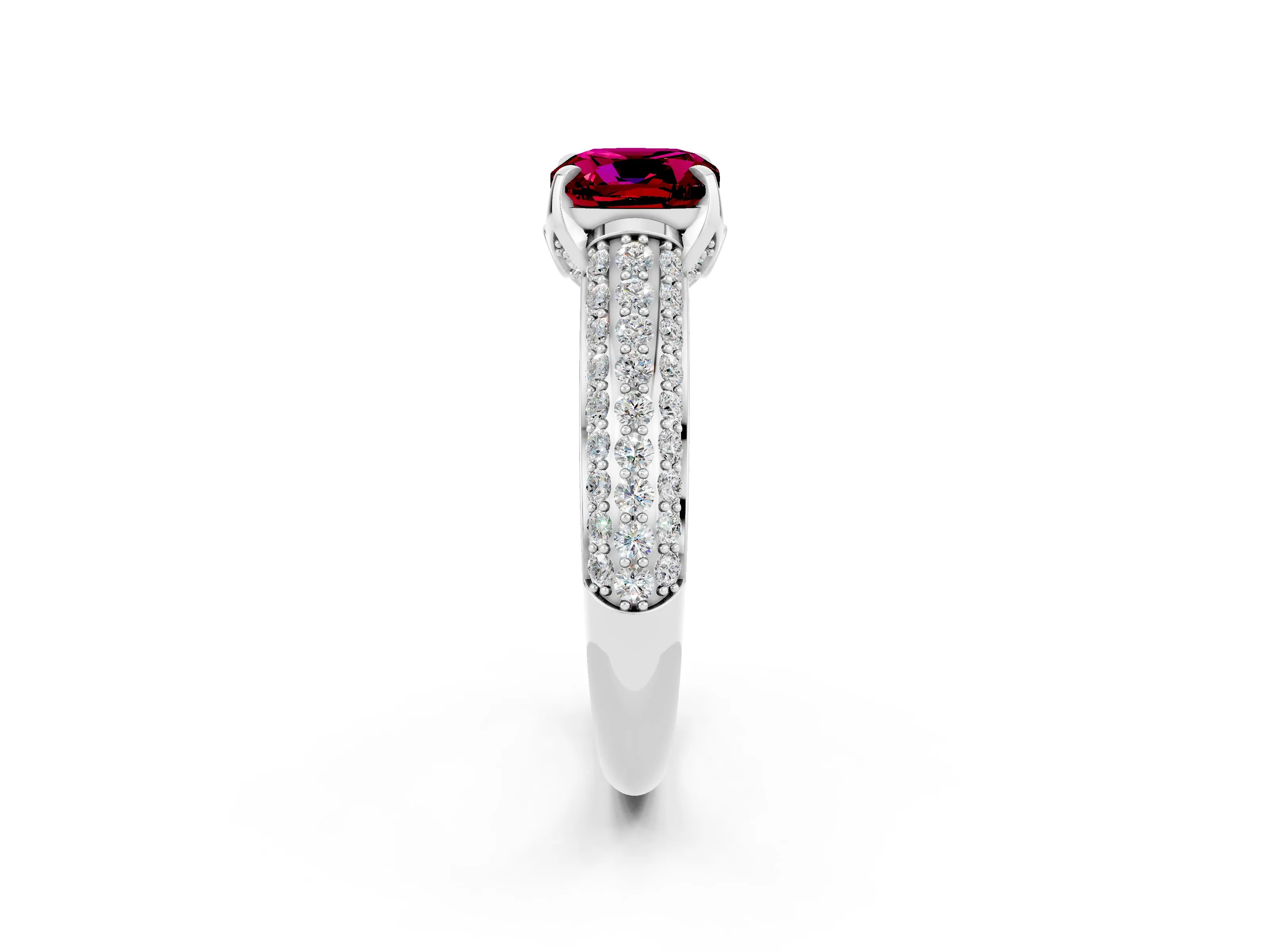 White gold Cushion Cut Garnet Solitaire Ring with Three-Row Pavé Band and Four-Prong Setting_14