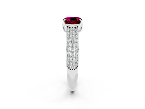 White gold Cushion Cut Garnet Solitaire Ring with Three-Row Pavé Band and Four-Prong Setting_14