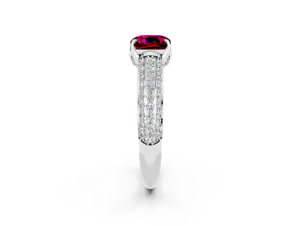 White gold Cushion Cut Garnet Solitaire Ring with Three-Row Pavé Band and Four-Prong Setting