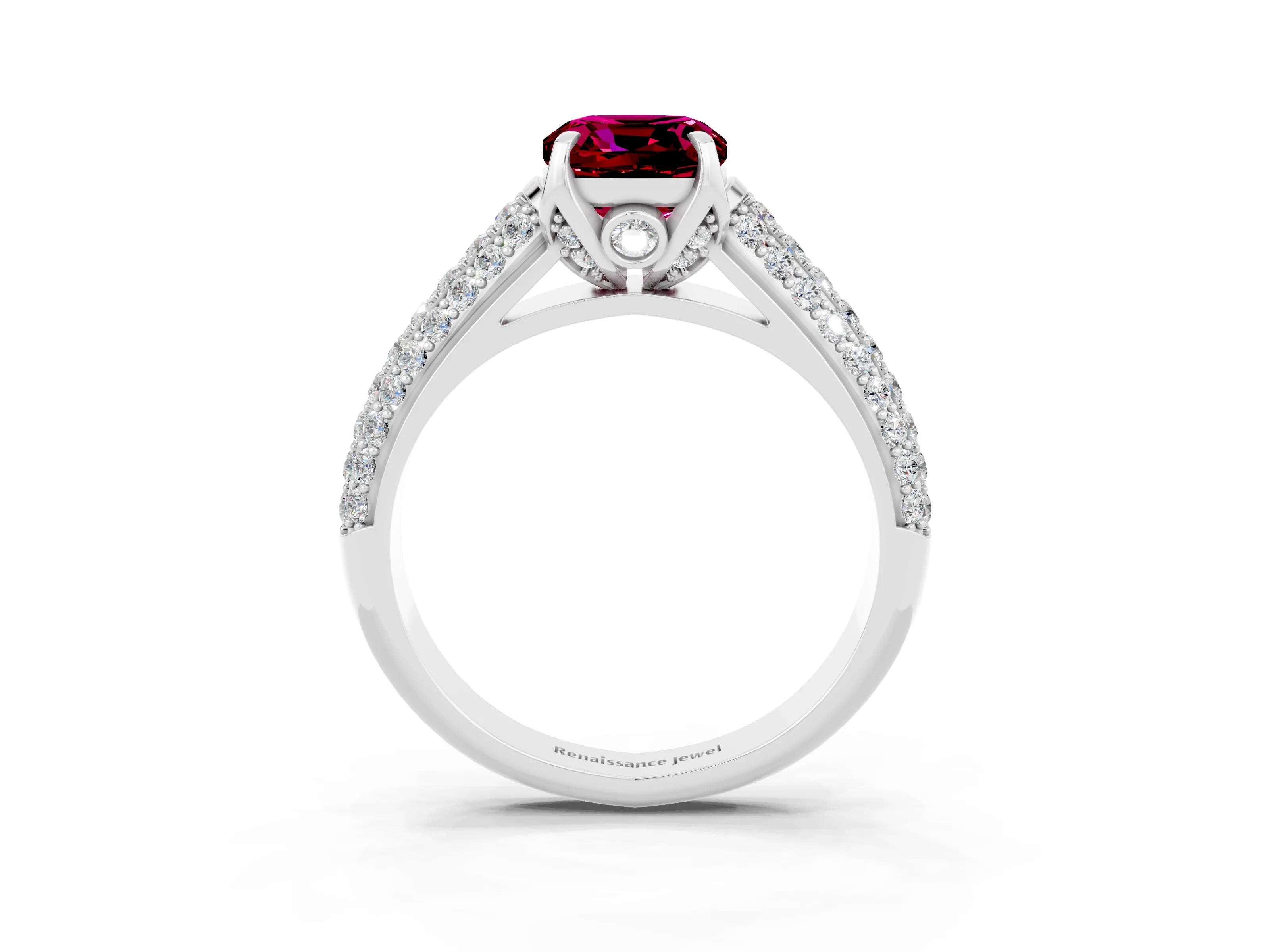 White gold Cushion Cut Garnet Solitaire Ring with Three-Row Pavé Band and Four-Prong Setting_15