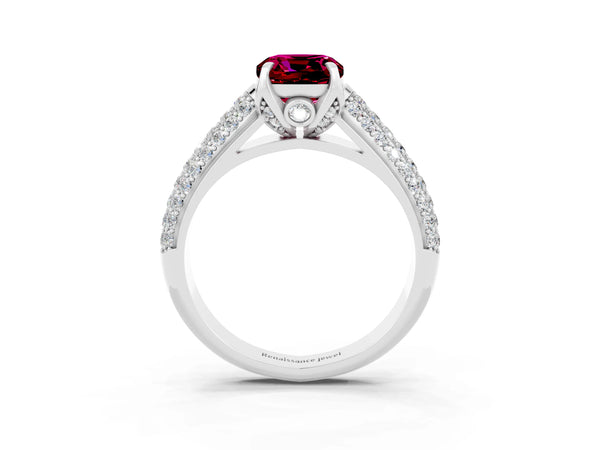 Platinum Cushion Cut Garnet Solitaire Ring with Three-Row Pavé Band and Four-Prong Setting