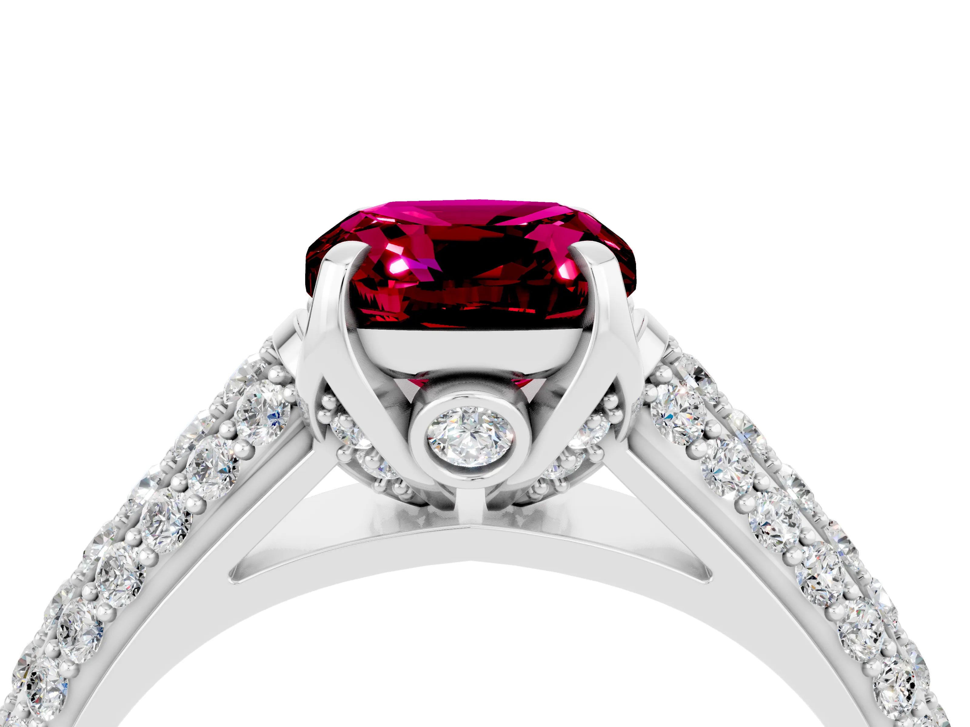 White gold Cushion Cut Garnet Solitaire Ring with Three-Row Pavé Band and Four-Prong Setting_16