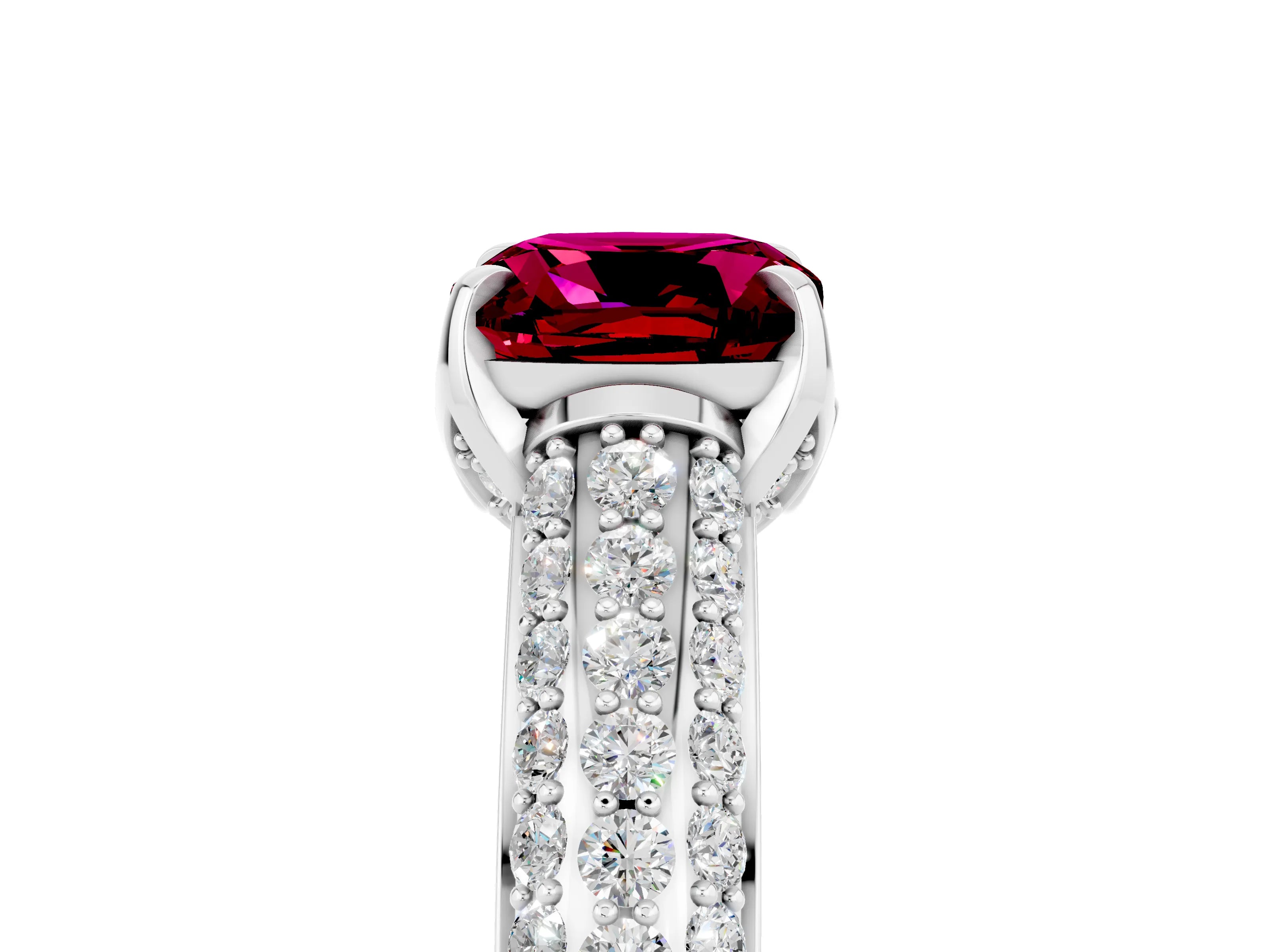 White gold Cushion Cut Garnet Solitaire Ring with Three-Row Pavé Band and Four-Prong Setting_17