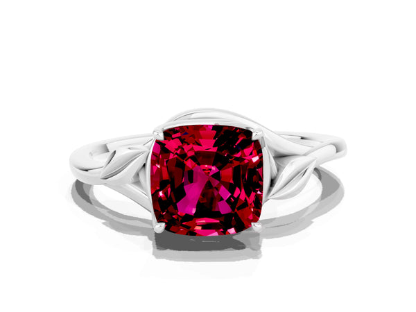 Silver Cushion Cut Garnet Solitaire Ring with Twist Band and Four-Prong Setting