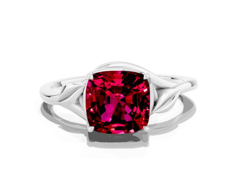 White gold Cushion Cut Garnet Solitaire Ring with Twist Band and Four-Prong Setting_12