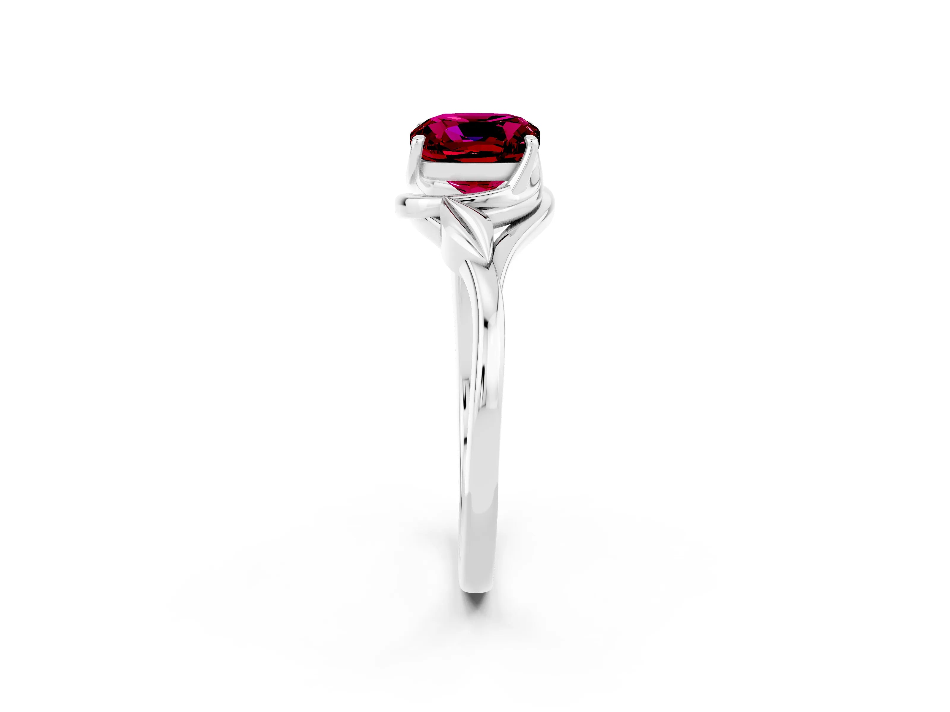 White gold Cushion Cut Garnet Solitaire Ring with Twist Band and Four-Prong Setting_14