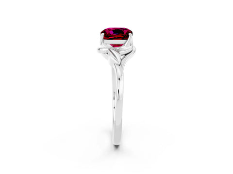 White gold Cushion Cut Garnet Solitaire Ring with Twist Band and Four-Prong Setting_14