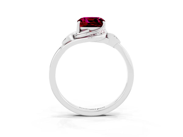 Silver Cushion Cut Garnet Solitaire Ring with Twist Band and Four-Prong Setting