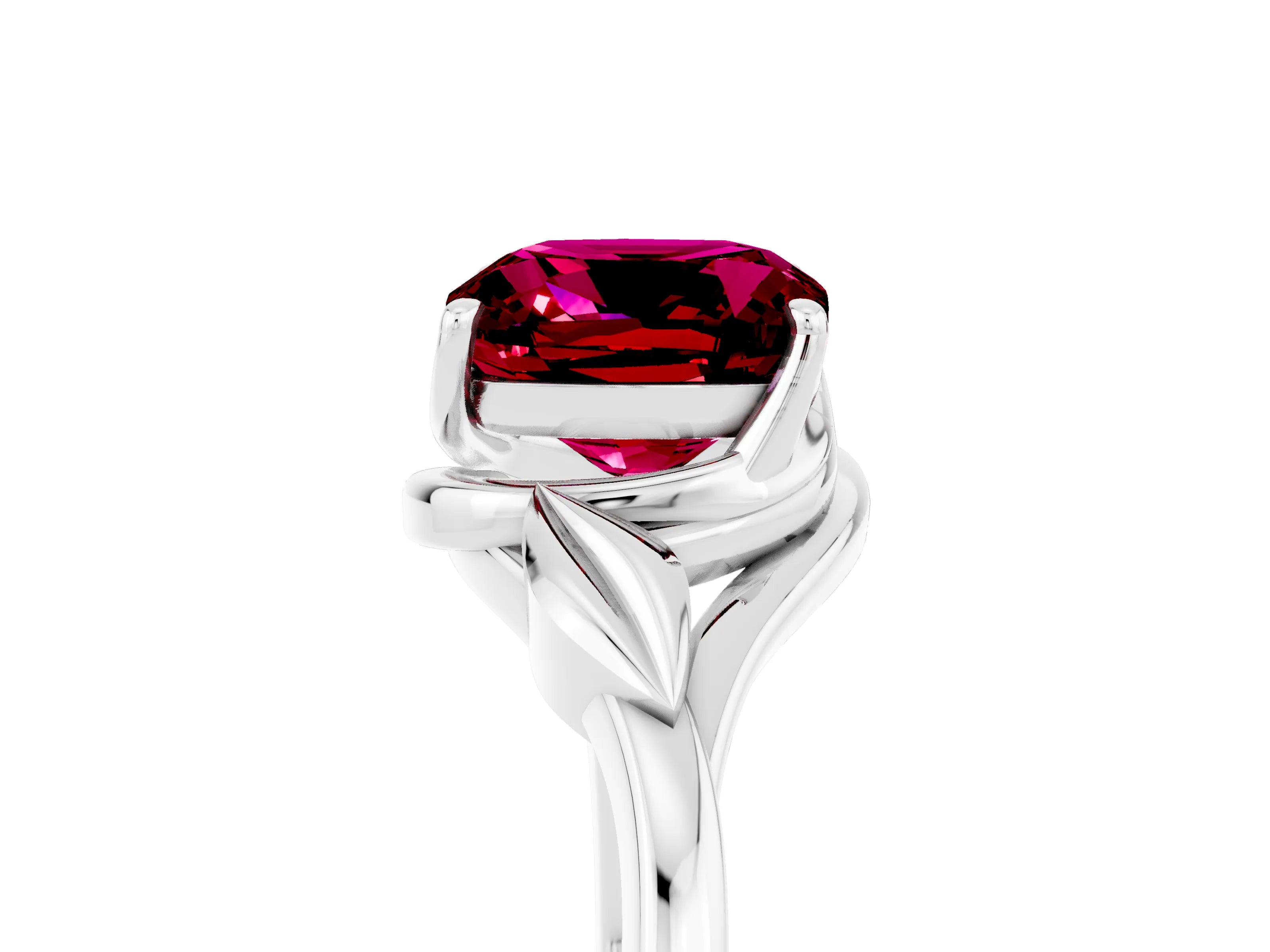 White gold Cushion Cut Garnet Solitaire Ring with Twist Band and Four-Prong Setting_17