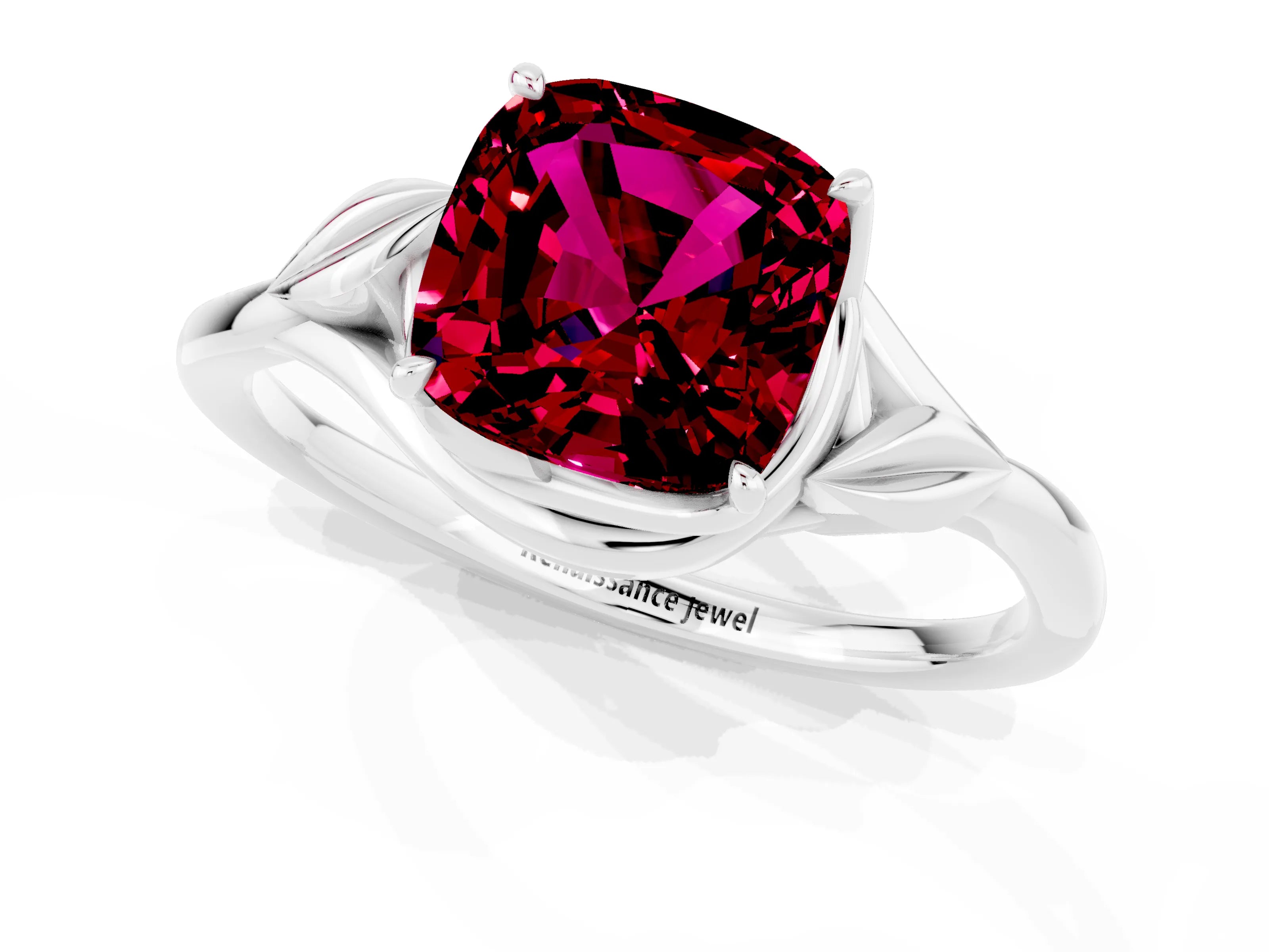 White gold Cushion Cut Garnet Solitaire Ring with Twist Band and Four-Prong Setting_37