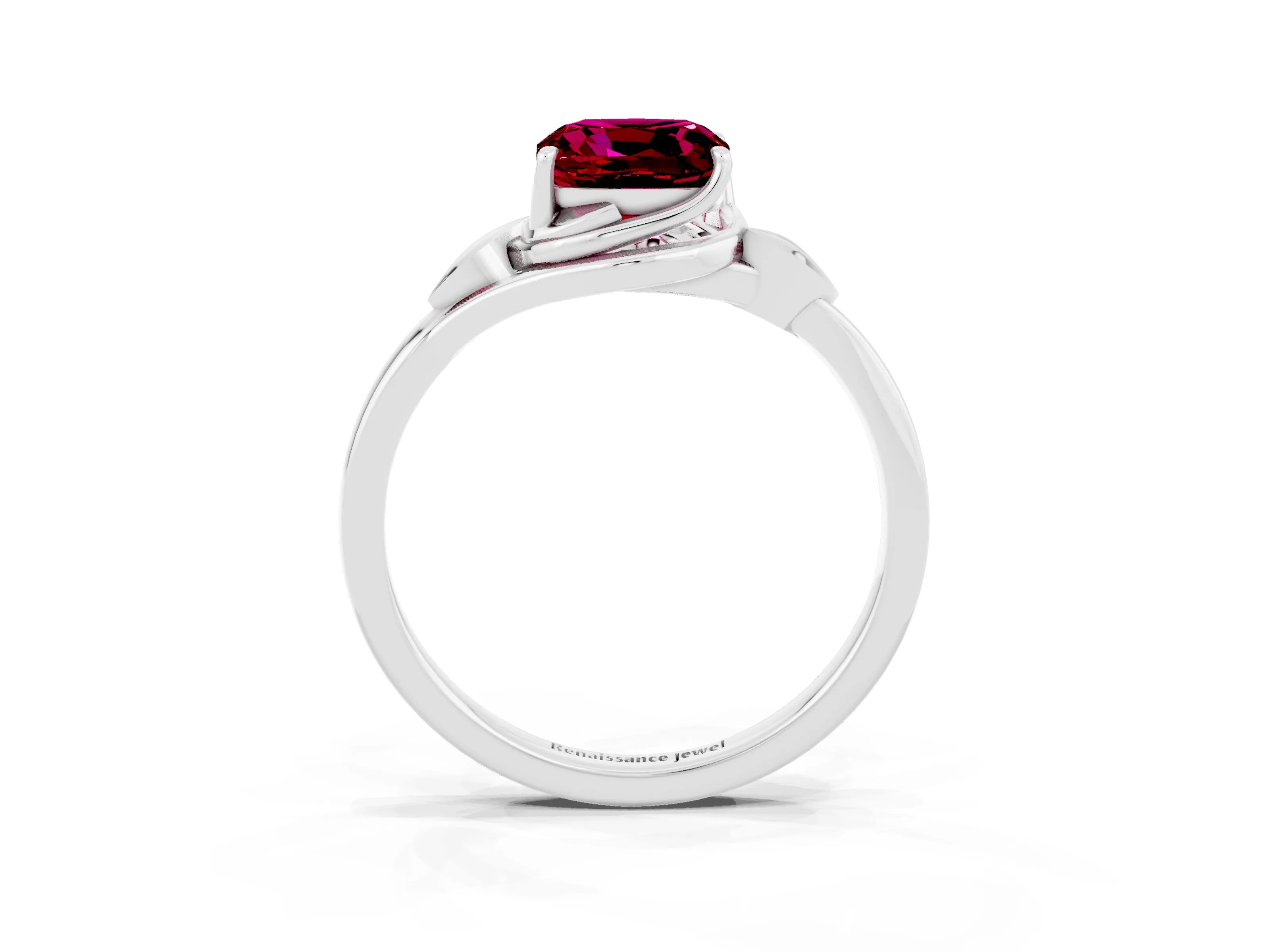 White gold Cushion Cut Garnet Solitaire Ring with Twist Band and Four-Prong Setting_39