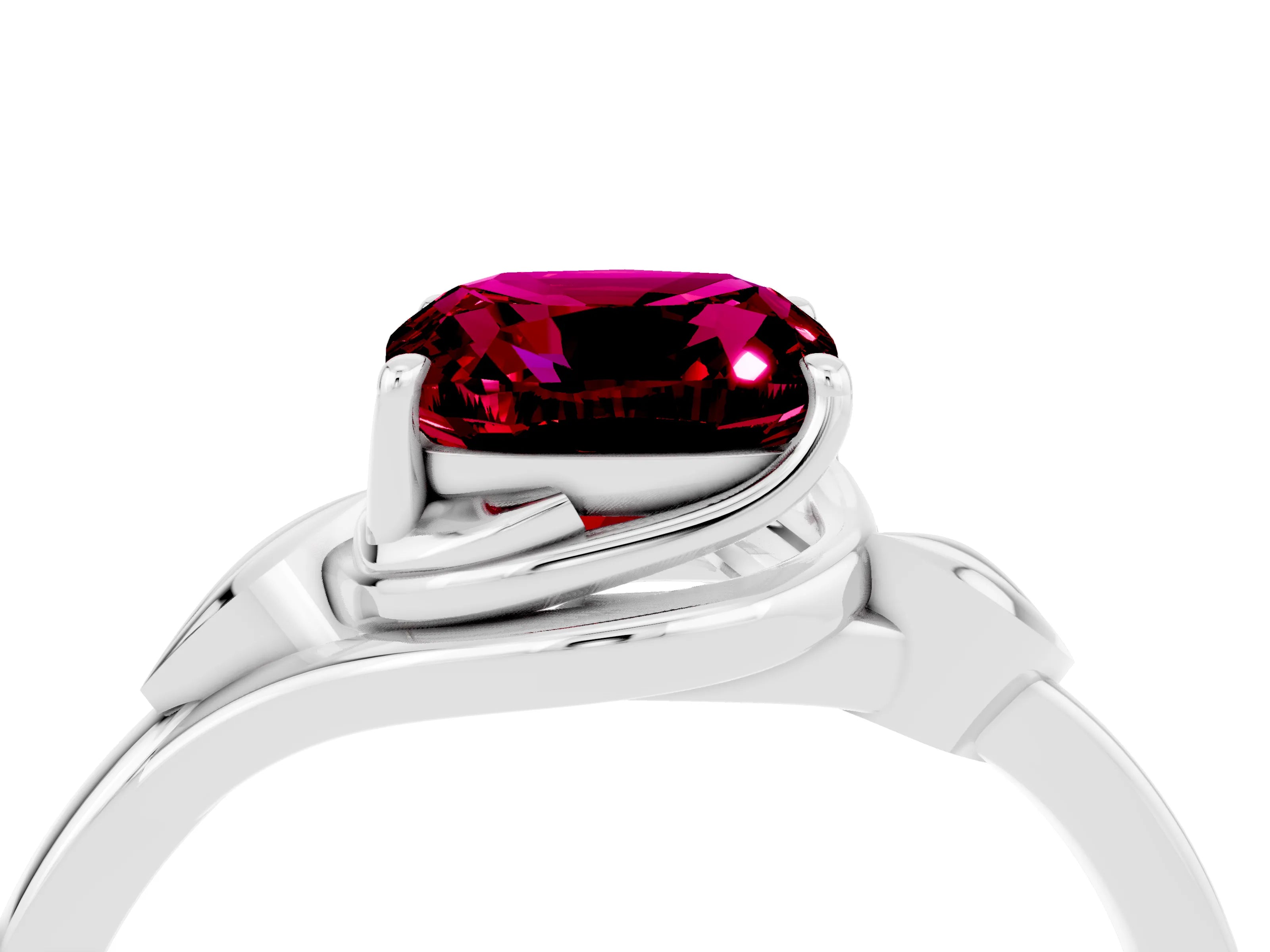 White gold Cushion Cut Garnet Solitaire Ring with Twist Band and Four-Prong Setting_40