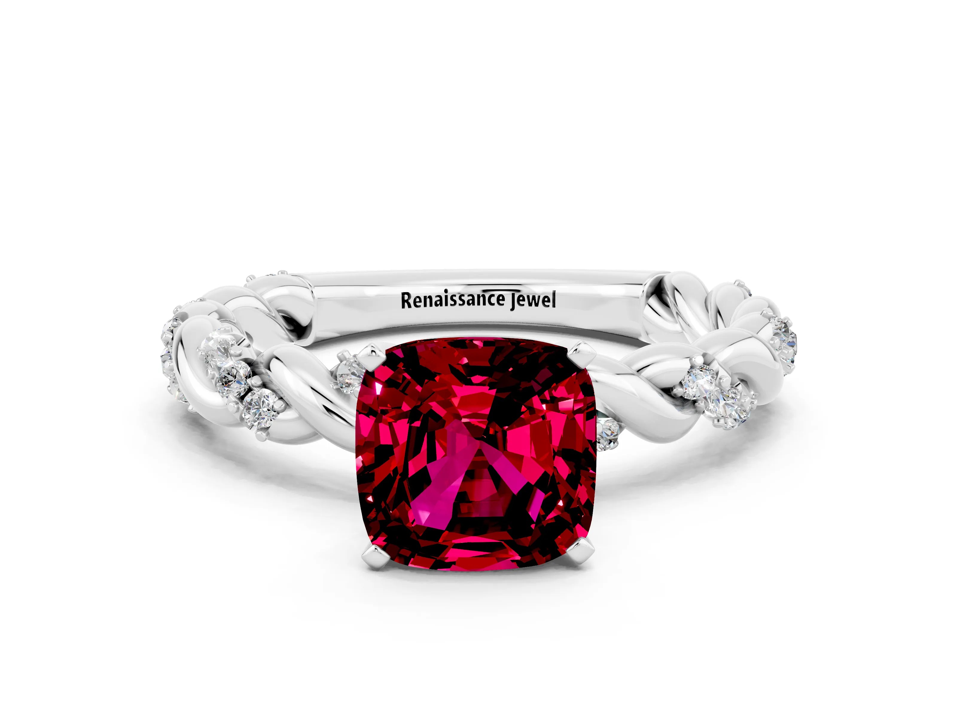 White gold Cushion Cut Garnet Solitaire Ring with Twisted Band and Pavé Accents