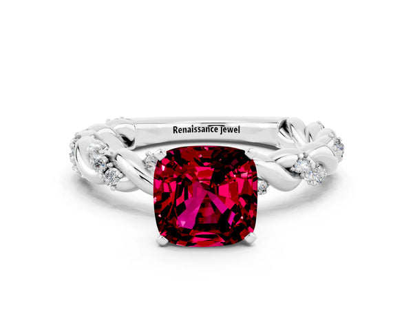 Silver Cushion Cut Garnet Solitaire Ring with Twisted Band and Pavé Accents