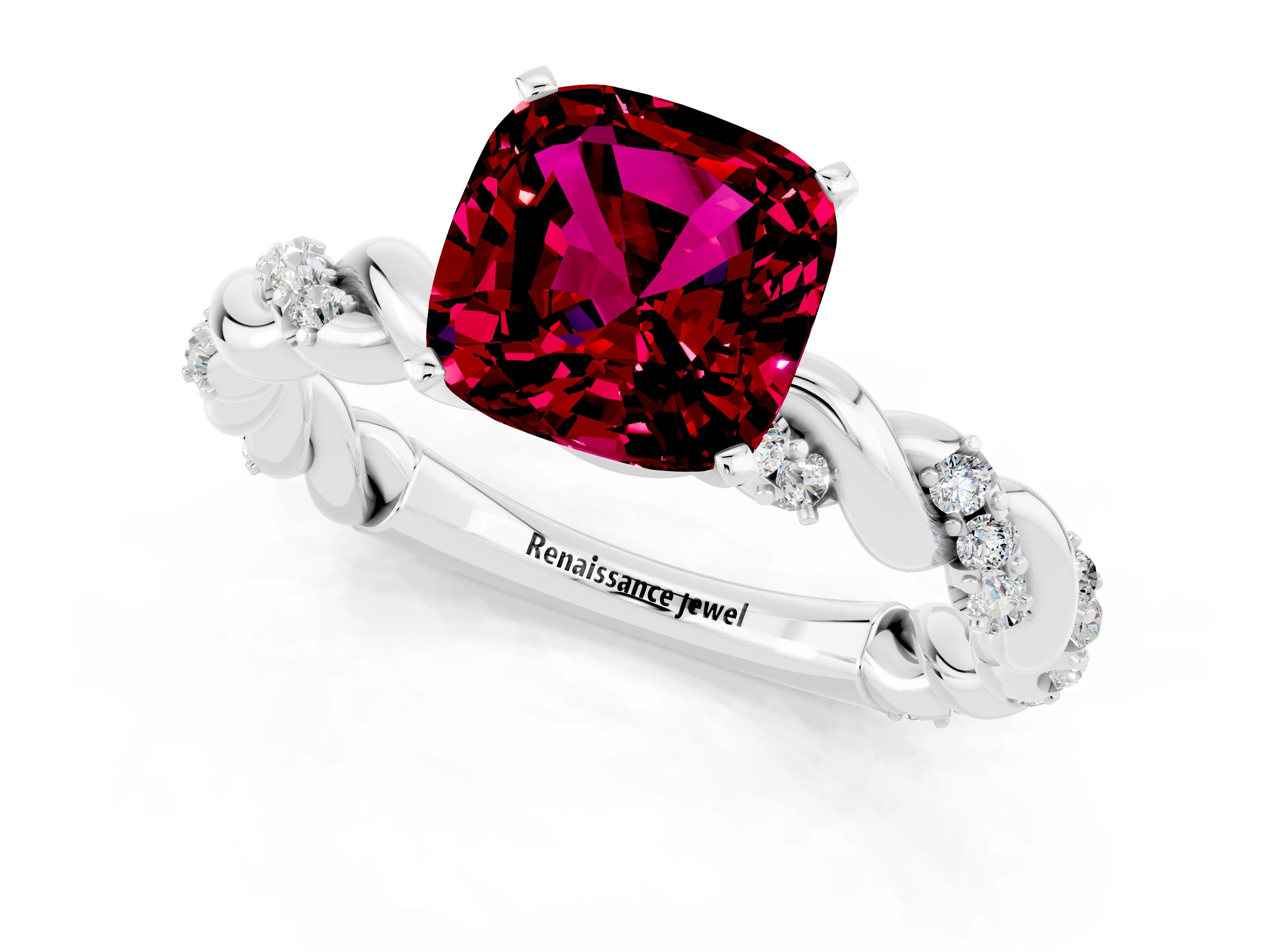 White gold Cushion Cut Garnet Solitaire Ring with Twisted Band and Pavé Accents_1