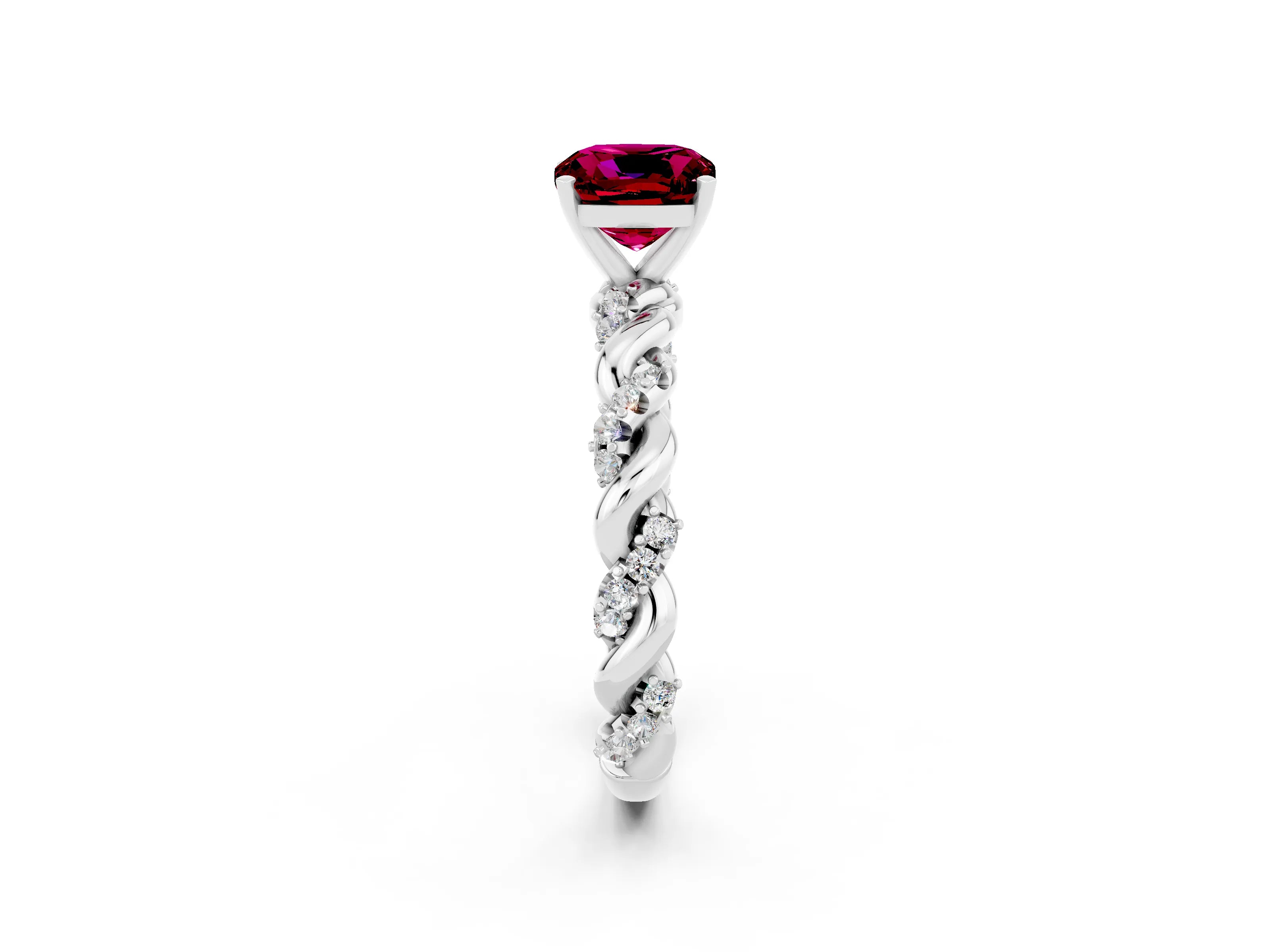 White gold Cushion Cut Garnet Solitaire Ring with Twisted Band and Pavé Accents_2