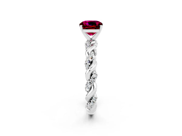 White gold Cushion Cut Garnet Solitaire Ring with Twisted Band and Pavé Accents
