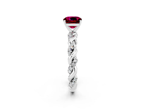White gold Cushion Cut Garnet Solitaire Ring with Twisted Band and Pavé Accents_2
