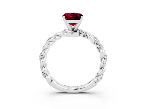 White gold Cushion Cut Garnet Solitaire Ring with Twisted Band and Pavé Accents_3