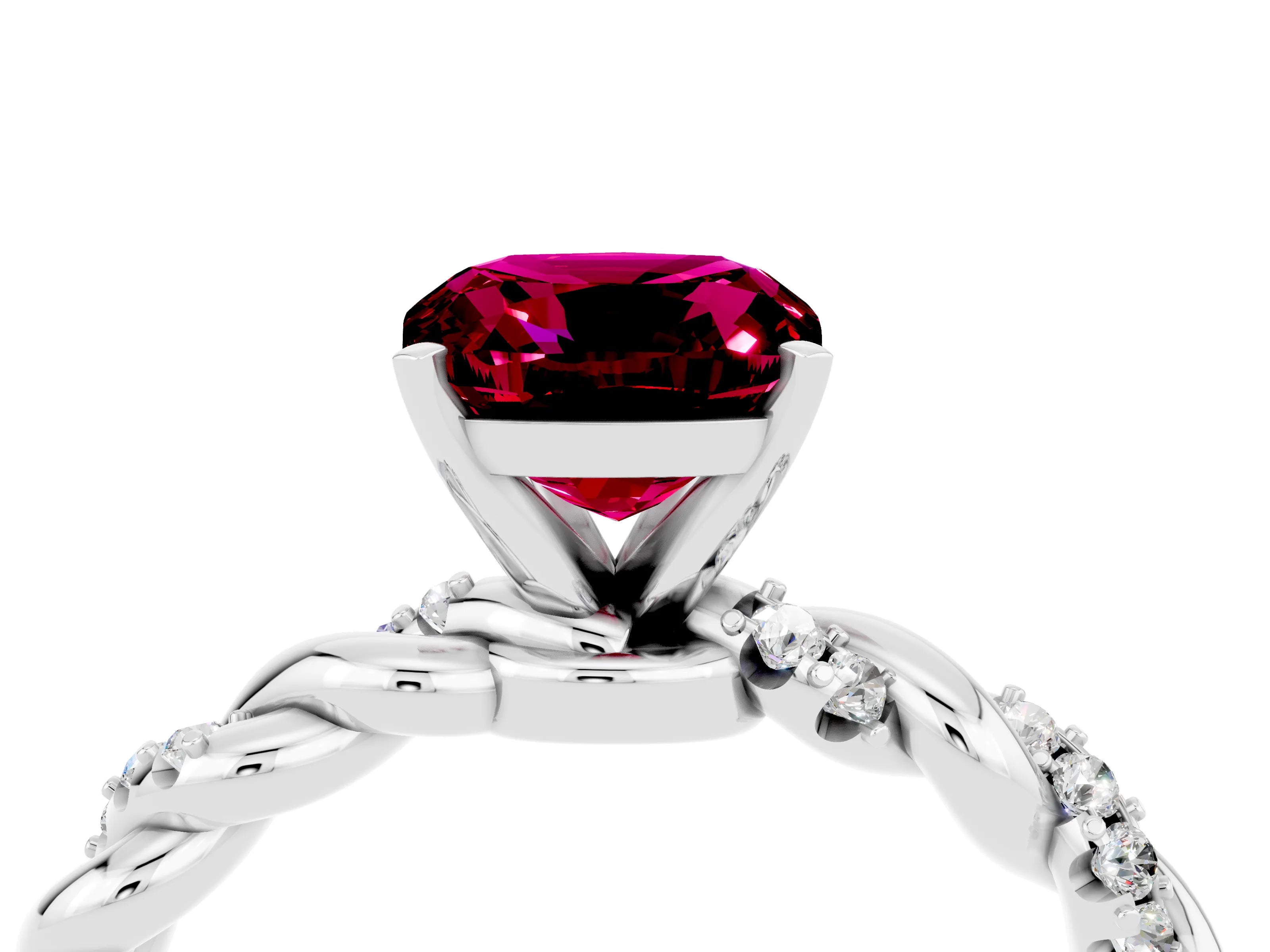 White gold Cushion Cut Garnet Solitaire Ring with Twisted Band and Pavé Accents_4