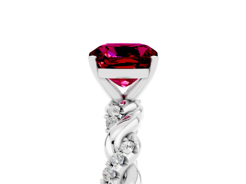 White gold Cushion Cut Garnet Solitaire Ring with Twisted Band and Pavé Accents_5