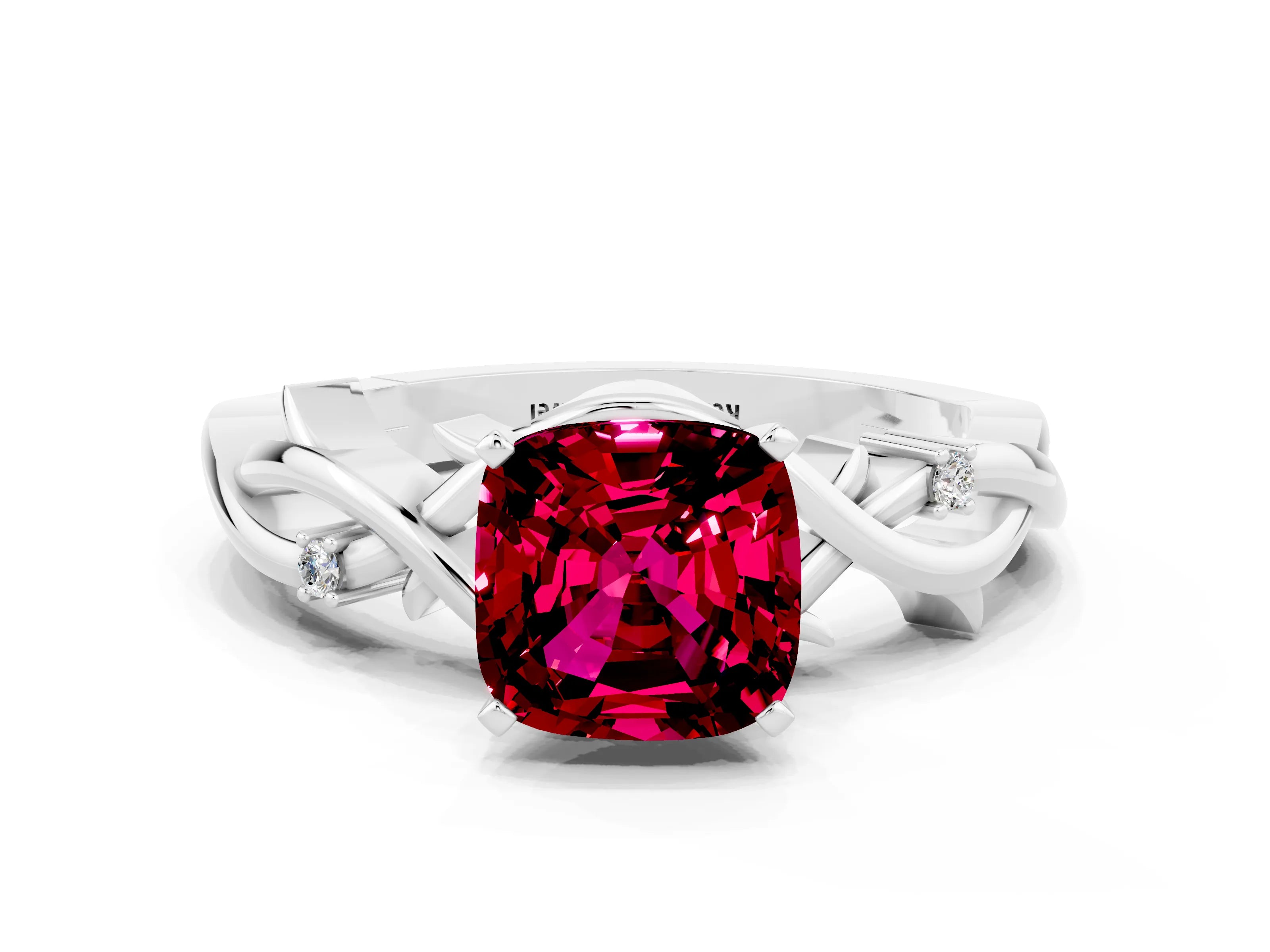 White gold Cushion Cut Garnet Solitaire Ring with Twisted Band and Prong Setting