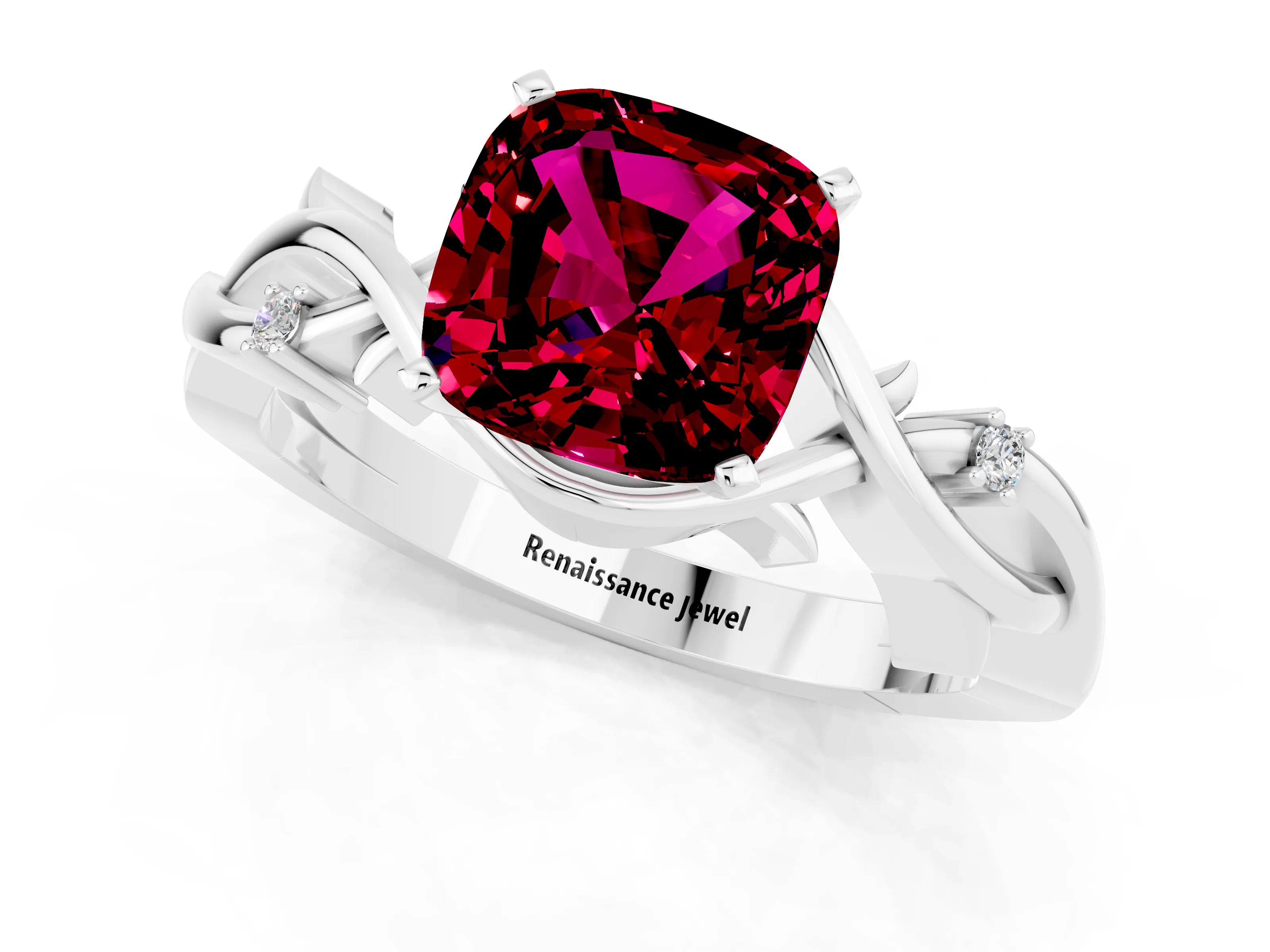 White gold Cushion Cut Garnet Solitaire Ring with Twisted Band and Prong Setting_1