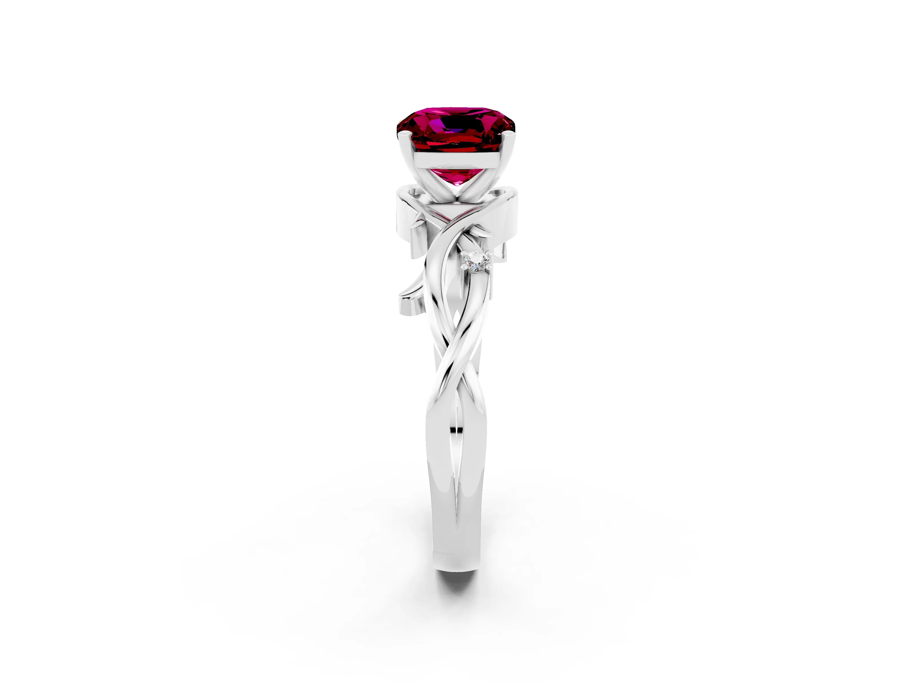 White gold Cushion Cut Garnet Solitaire Ring with Twisted Band and Prong Setting_14