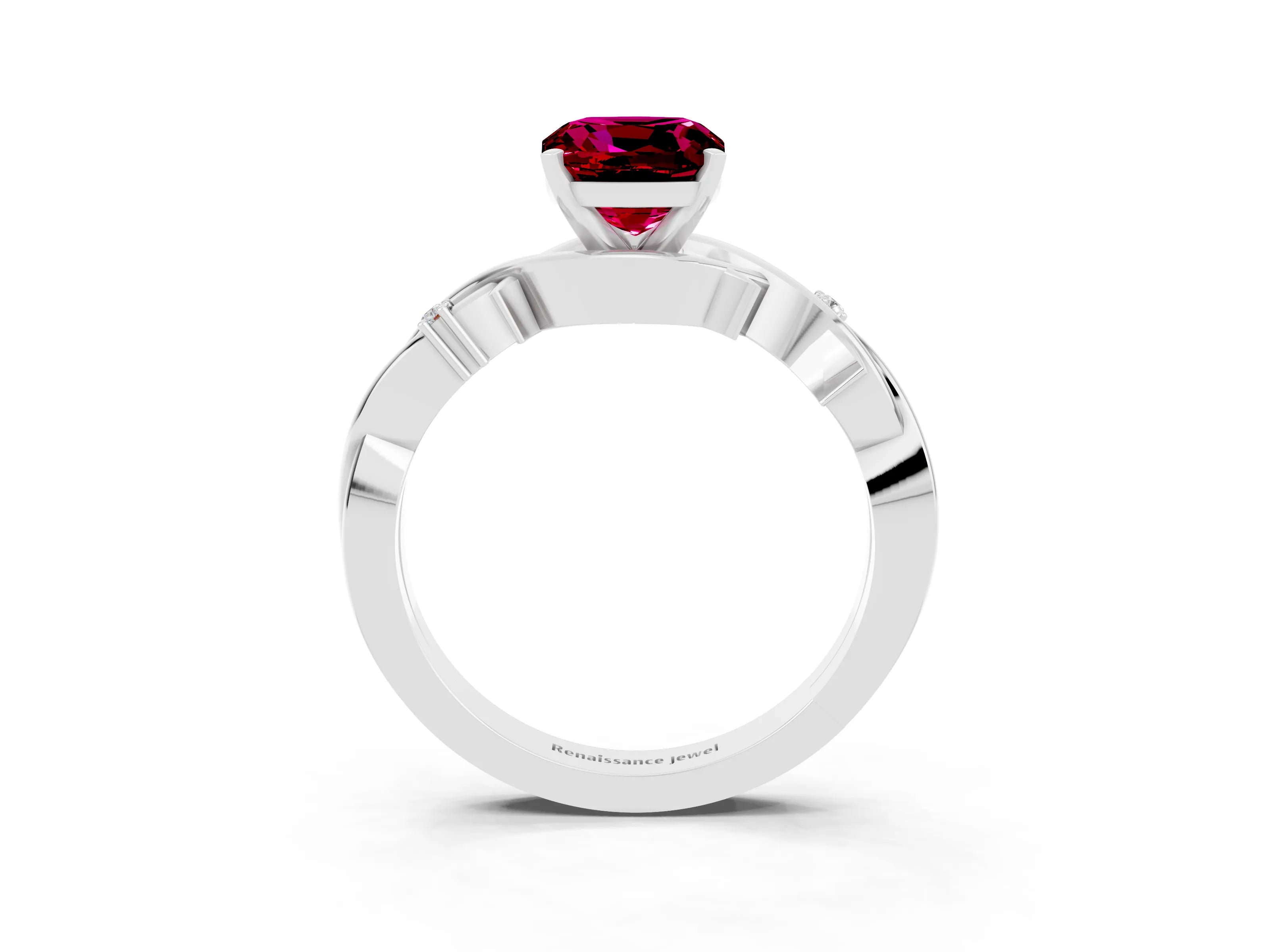 White gold Cushion Cut Garnet Solitaire Ring with Twisted Band and Prong Setting_15