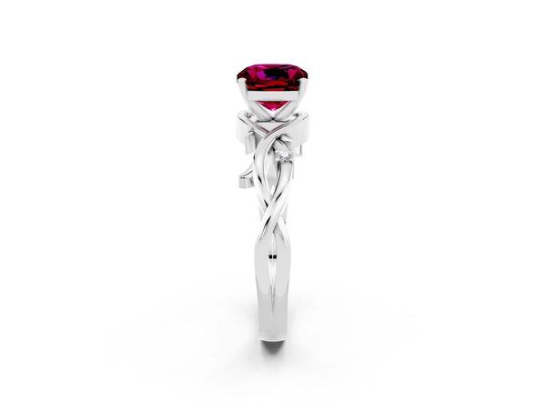 Platinum Cushion Cut Garnet Solitaire Ring with Twisted Band and Prong Setting