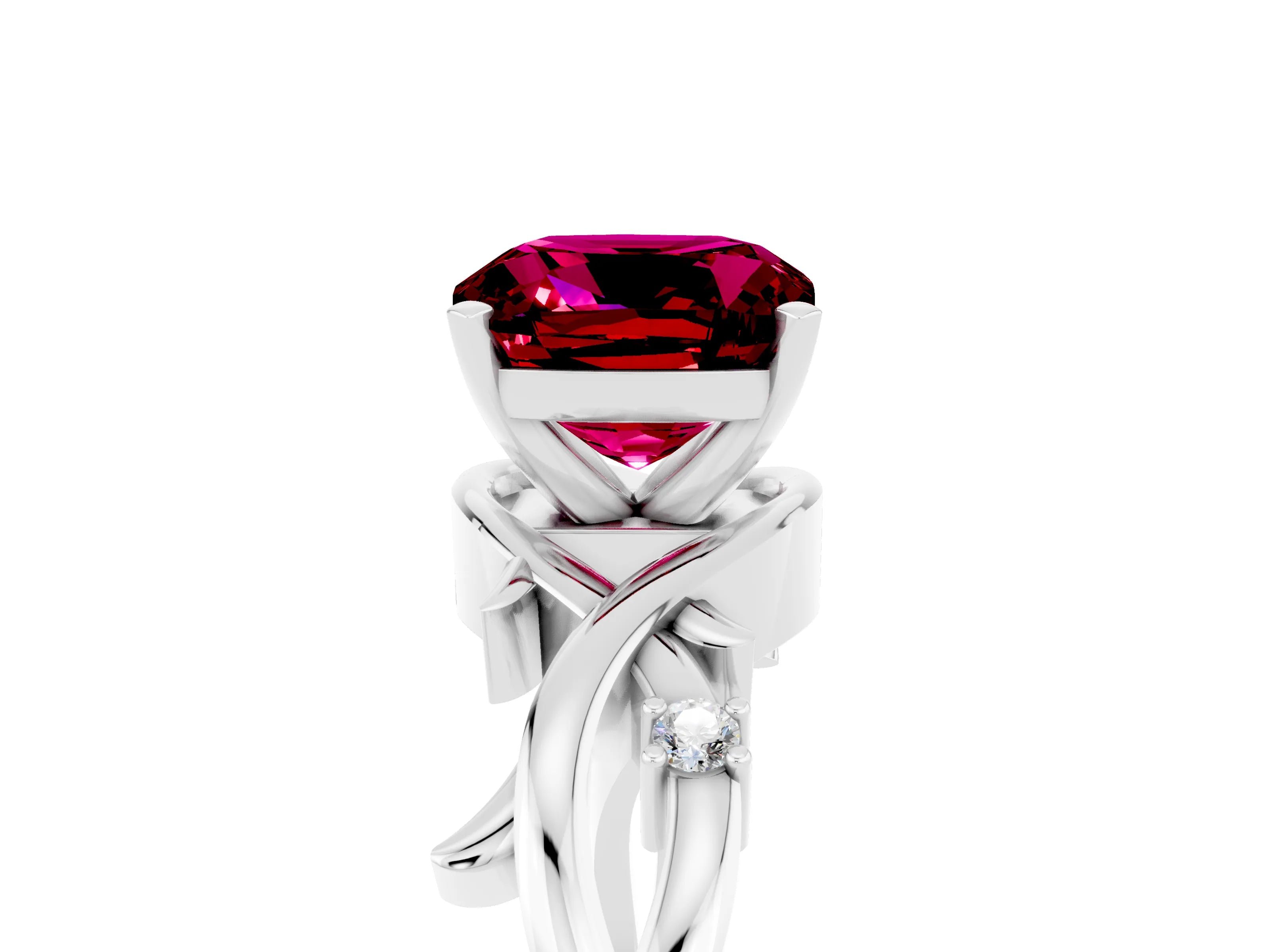 White gold Cushion Cut Garnet Solitaire Ring with Twisted Band and Prong Setting_5