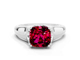 White gold Cushion Cut Garnet Solitaire Ring with Wide Band and Prong Setting