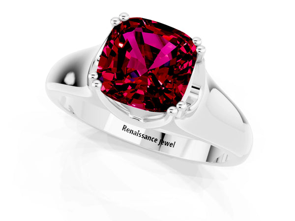 Platinum Cushion Cut Garnet Solitaire Ring with Wide Band and Prong Setting