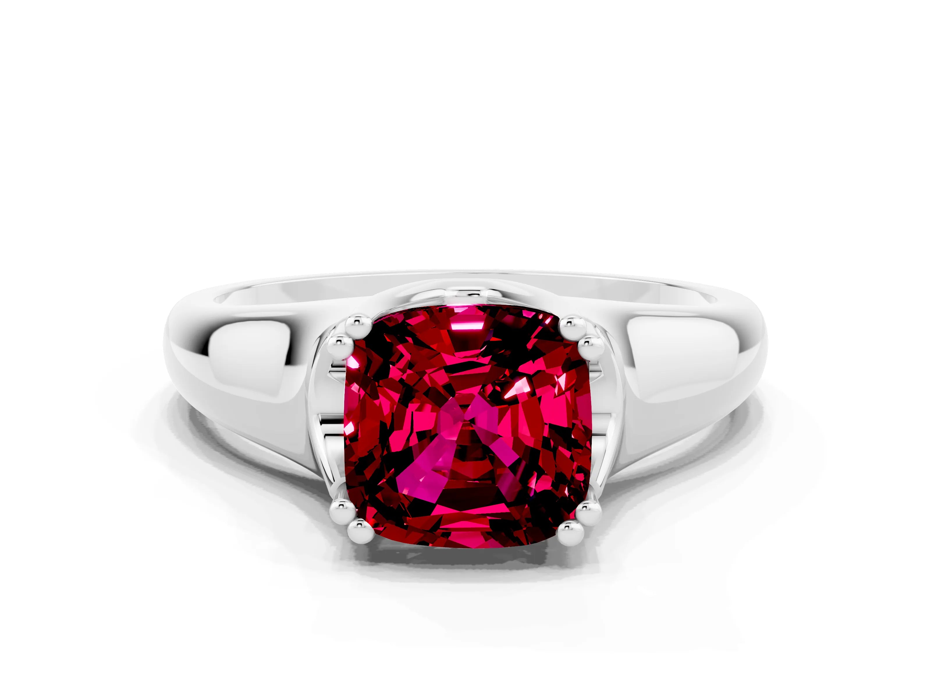 White gold Cushion Cut Garnet Solitaire Ring with Wide Band and Prong Setting